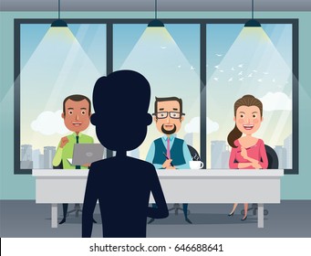 Job Interview with smiling Caucasian human resource manager, specialists and a boss in office. Talent quest audition. Flat style vector illustration.