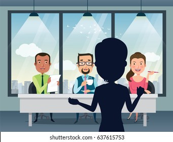 Entrevista laboral con un gerente de recursos humanos sonriente, especialistas y un jefe en el cargo. Audición de misiones de talento. Ilustración vectorial de estilo plano. 