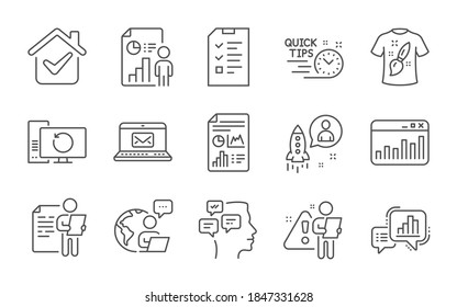 Job interview, Startup and Interview line icons set. Graph chart, Business report and E-mail signs. T-shirt design, Report document and Messages symbols. Line icons set. Vector