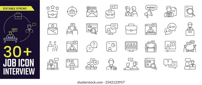 Job Interview Stroke icon collections. Containing recruitment, Feedback, resource, hr, cv, collection, recruit, candidate, hire, linear, resume, and Interview icons. Editable Stroke icon collection