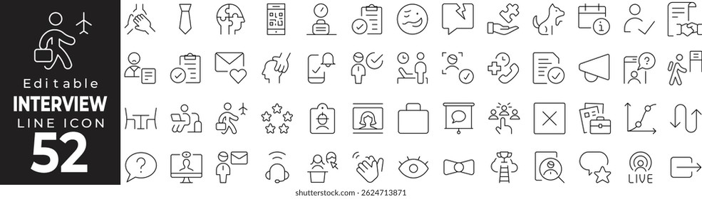 Conjunto de iconos de línea fina de entrevista de trabajo: contratación, currículum, carrera