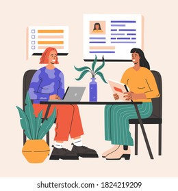 Job interview, two happy woman have business conversation recruiter with candidate for a vacancy. Head hunter hiring, young employe in flat cartoon style, web banner, concept of vector illustration. 