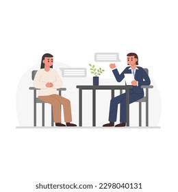 Job interview. User experience testing. Two female characters in office having dialogue. Visitor answers question. Filling out questionnaire. Color vector image in flat style