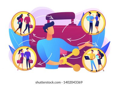 Job interview, vacancy candidates. Social networking, workflow. Employee sharing, new forms of employment, strategic employment sharing concept. Bright vibrant violet vector isolated illustration