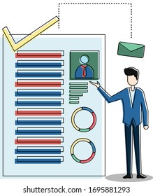 Job interview vector concept with male figure wearing a suit while doing presentation of his big curriculum vitae document with message bubble icon, isolated in white background