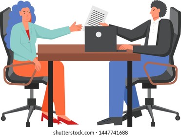 Job interview, vector flat illustration. HR specialist interviewing job candidate. Recruitment and hiring process, employment, choosing the best candidate, job search concept for web banner etc.