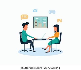 Job interview. Vector flat modern illustration of a man talking to a young woman with laptop. Isolated on background
