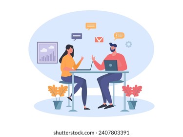 Job interview. Vector flat modern illustration of a man talking to a young woman with laptop. Isolated on background, illustration