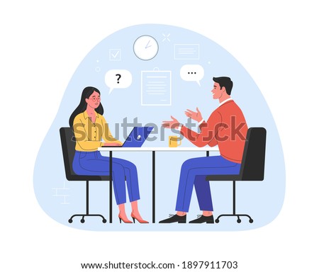 Job interview. Vector flat modern illustration of a man talking to a young woman with laptop. Isolated on background