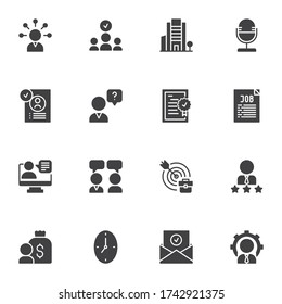 Job interview vector icons set, modern solid symbol collection, filled style pictogram pack. Signs, logo illustration. Set includes icons as human resources, office building, employee recruitment