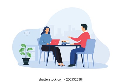 Job interview vector illustration concept. Modern flat vector illustration of a woman talking to a  man with a laptop. Isolated in the background