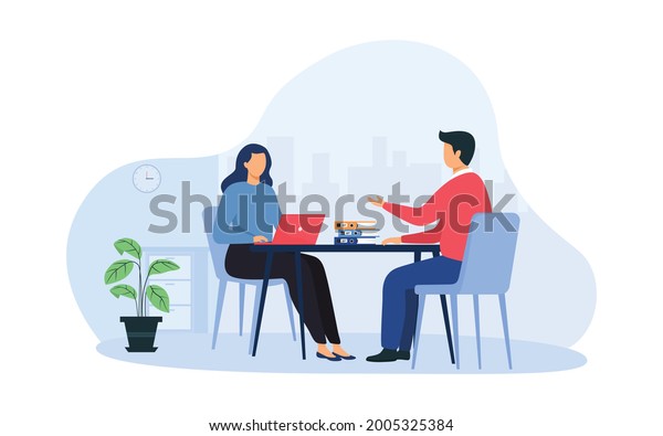 Job interview vector illustration\
concept. Modern flat vector illustration of a woman talking to a \
man with a laptop. Isolated in the\
background