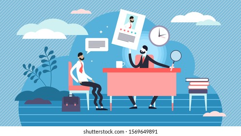 Job Interview Vector Illustration. Flat Tiny Employment Meeting With Potential Boss Persons Concept. Stressful And Nervous Process When Ask Questions About CV, Motivation Letter And Application Form.