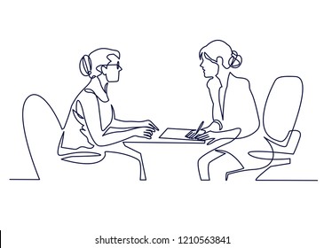 Job interview - vector modern simple one line design composition with recruiter and candidate. Continuous Line Drawing of Two women are talking at the table