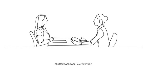 Job interview - vector modern simple one continuous line design composition with recruiter and candidate. Continuous Line Drawing of Two women are talking at the table. Vector illustration