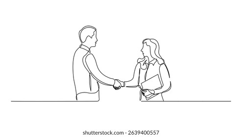 Job interview - vector modern simple one continuous line design composition with recruiter and candidate. Continuous Line Drawing of man and women are shaking hand and talking. Vector illustration