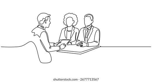 Job interview - vector modern simple one continuous line design composition with recruiter and candidate. Minimalist vector illustration sketch drawing, talking at the table, Job Interview continuous.