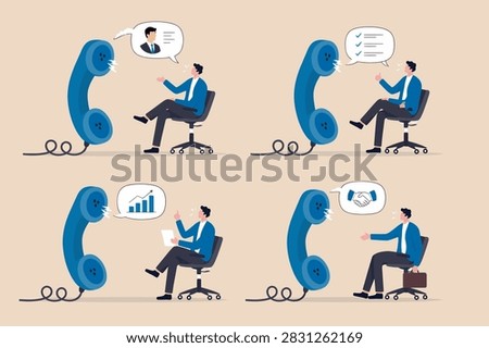 Job interview via phone call or conference meeting on telephone concept, smart confidence businessman job candidate answer interview questions with big tel vector