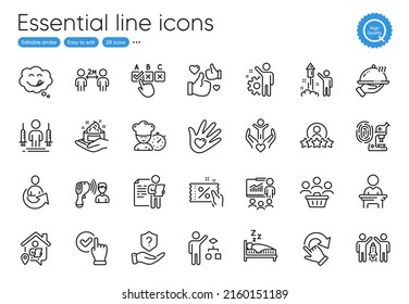 Job interview, Volunteer and Social distancing line icons. Collection of Coronavirus injections, Rotation gesture, Presentation icons. Share, Checkbox, Social responsibility web elements. Vector