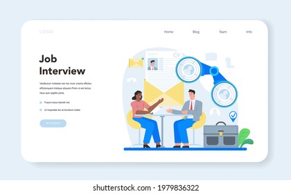 Job interview web banner or landing page. Idea of employment and hiring procedure. Recruiter searching for a job candidate. Isolated flat vector illustration