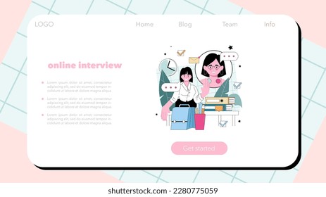 Job Interview Web-Banner oder Landing-Seite. Einstellung und Personalverwaltung. Headhunter sucht nach Mitarbeitern, interviewt Bewerber für freie Stellen. Flache Vektorgrafik