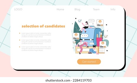 Banner web de entrevista de trabajo o página de inicio. Contratación y gestión del personal. Buscador de la sede que busca empleados, entrevistando a los postulantes de vacante. Ilustración vectorial plana