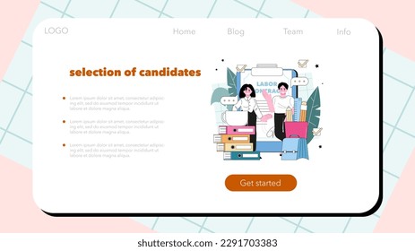 Banner web de entrevista de trabajo o página de inicio. Contratación y gestión del personal. Buscador de la sede que busca empleados, entrevistando a los postulantes de vacante. Ilustración vectorial plana