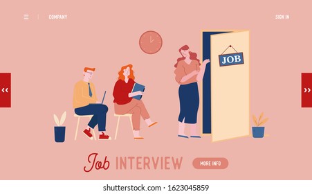 Landing Page der Job Interview Website. Mann und Frau mit CV-Sitting im Wartezimmer Einstellung Vorsicht vor Treffen mit potenziellen Arbeitgeberwebseite Banner. Cartoon Flache Vektorgrafik, Line Art