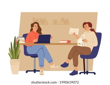 Job interview. Woman resume, women at office. HR manager and employee, young professional. Female characters talking at desk vector concept