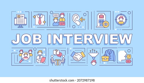 Job interview word concepts banner. Writing cv and preparing. Infographics with linear icons on blue background. Isolated creative typography. Vector outline color illustration with text