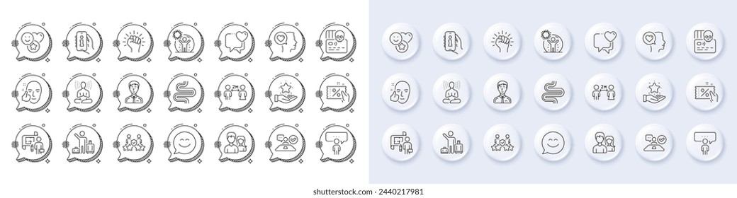Job interview, Yoga and Info app line icons. White pin 3d buttons, chat bubbles icons. Pack of Loyalty program, Airport transfer, Romantic talk icon. Vector