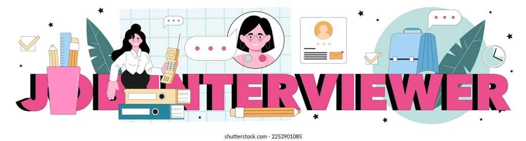 Job interviewer typographic header. Recruitment and personnel management. Headhunter looking for employees, interviewing vacancy applicants. Flat vector illustration