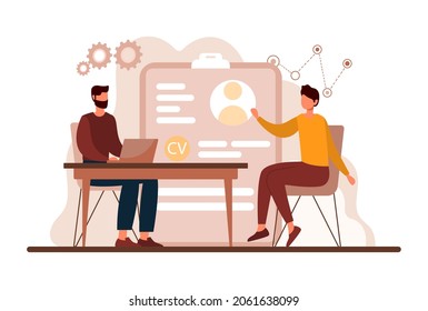 Job interviews. Employee of HR department asks questions to candidate for position. Employee looks at resume and communicates with person. Cartoon flat vector illustration isolated on white background