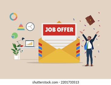 Job invitation letter after interview. Job offer document in huge yellow envelope. Recruitment, work contract. Flat vector illustration.