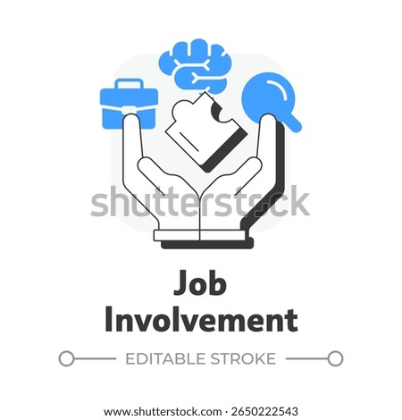 Job involvement flat outline concept icon. Problem solving, creativity. Remote work. Professional growth. Modern line illustration with blue glyphs. Conceptual visual. Easy to edit