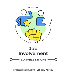 Ícone de conceito de várias cores do envolvimento do trabalho. Trabalho à distância. Crescimento profissional, solução de problemas. Ilustração de linha de forma redonda. Ideia abstrata. Design gráfico. Fácil de usar no artigo, post no blog