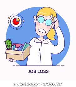 Job loss concept in flat cartoon style. Dismissed sad person carrying box with her things. Woman lost her job during the crisis. Dismissal, Unemployment, jobless and employee job reduction.