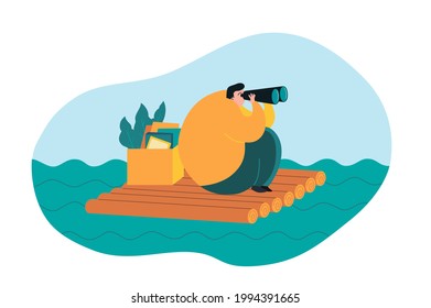 Job loss creative concept. Funny character man with box with his belongings in sea searching new vacancy with binoculars. Flat vector illustration about unemployed person