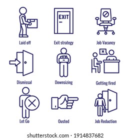 Job Loss, Downsizing, Getting Fired, Unemployment due to Covid 19 or Coronavirus Icon Set