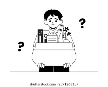 Job loss due to being fired from company without any clear reason, black and white outline style, social issue vector illustration.