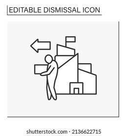 Job loss line icon. Dismissal from office. Job cuts. Unhappy worker with boxes goes home. Dismissal concept. Isolated vector illustration. Editable stroke