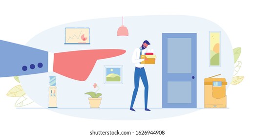 Job Loss, Work Dismissal, Business Career Crash Flat Vector Concept. Sad, Unhappy Employee Going to Office Exit with Cardboard Box After Loosing Job, Boss Pointing on Door for Bad Worker Illustration