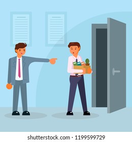 Job losses, unemployment concept vector isolated illustration. Angry boss showing the door to dismissed frustrated man holding box with his personal things. Flat style design.
