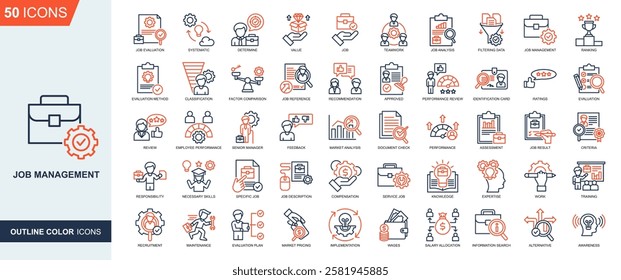 Job Management icon collection Outline Color Style. job evaluation, systematic, Determine, value, job