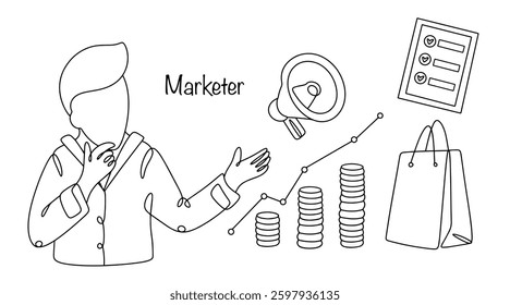 Job of a marketer. A specialist who develops and implements marketing strategies to promote products or services, improve their sales, and increase a company's profits. - Powered by Shutterstock - Get 15% off with code: PIKWIZARD15