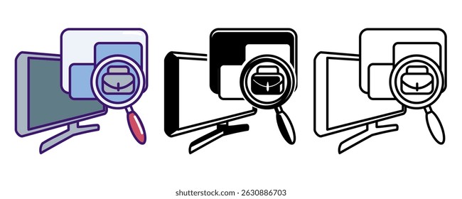 Job Marketplace icon represented by computer, web pop up, briefcase, magnifying glass Line, Filled, Color style.