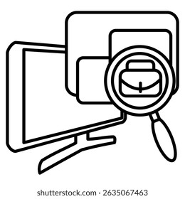 Job Marketplace icon represented by computer, web pop up, briefcase, magnifying glass Line style.
