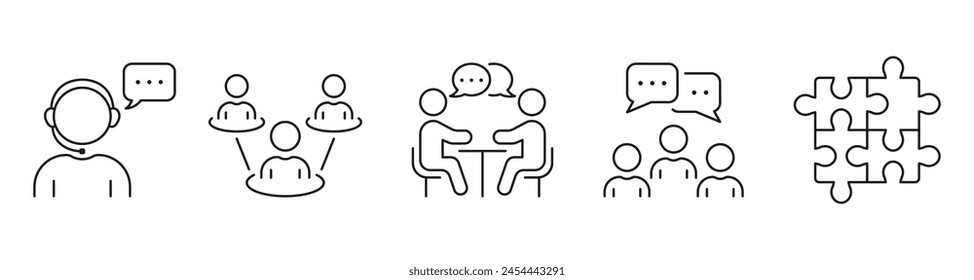 Job Meeting Line Icon Set. Work Conference Linear Pictogram. Teamwork And Management Outline Symbol Collection. Corporate Group Discussion Sign. Editable Stroke. Isolated Vector Illustration.