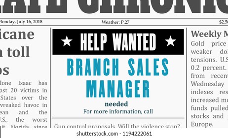 Job offer - branch sales manager. Newspaper classified ad in fake generic newspaper.