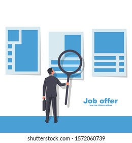 Job offer. A businessman with a magnifying glass looks at a job offer. Vector illustration flat design. Isolated on white background. Business people.